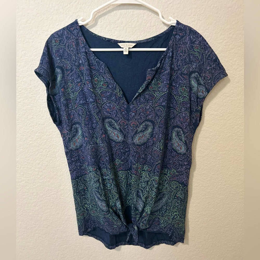 Lucky Brand Paisley Tie Front Top Size M Blue Purple Boho Festival Knit Shirt - Picture 4 of 6